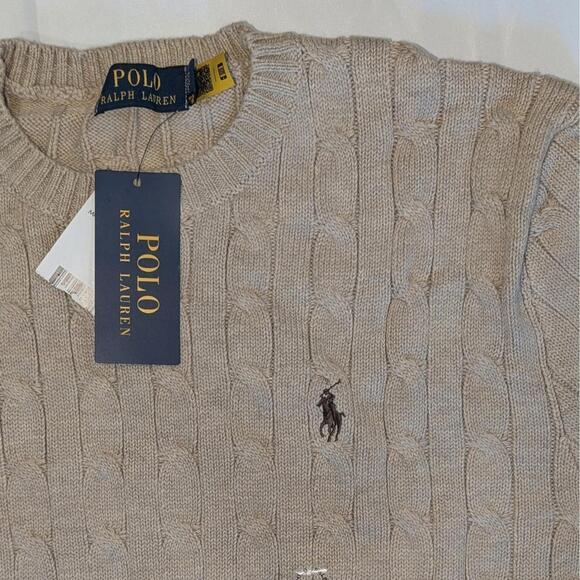 Polo Ralph Lauren Men’s Cable-Knit Cotton Crewneck Sweater Beige Oatmeal M NWT - Picture 4 of 7